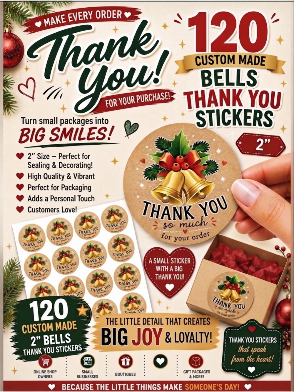 120 Pack 2” Thank You Stickers - Holiday Bells Design